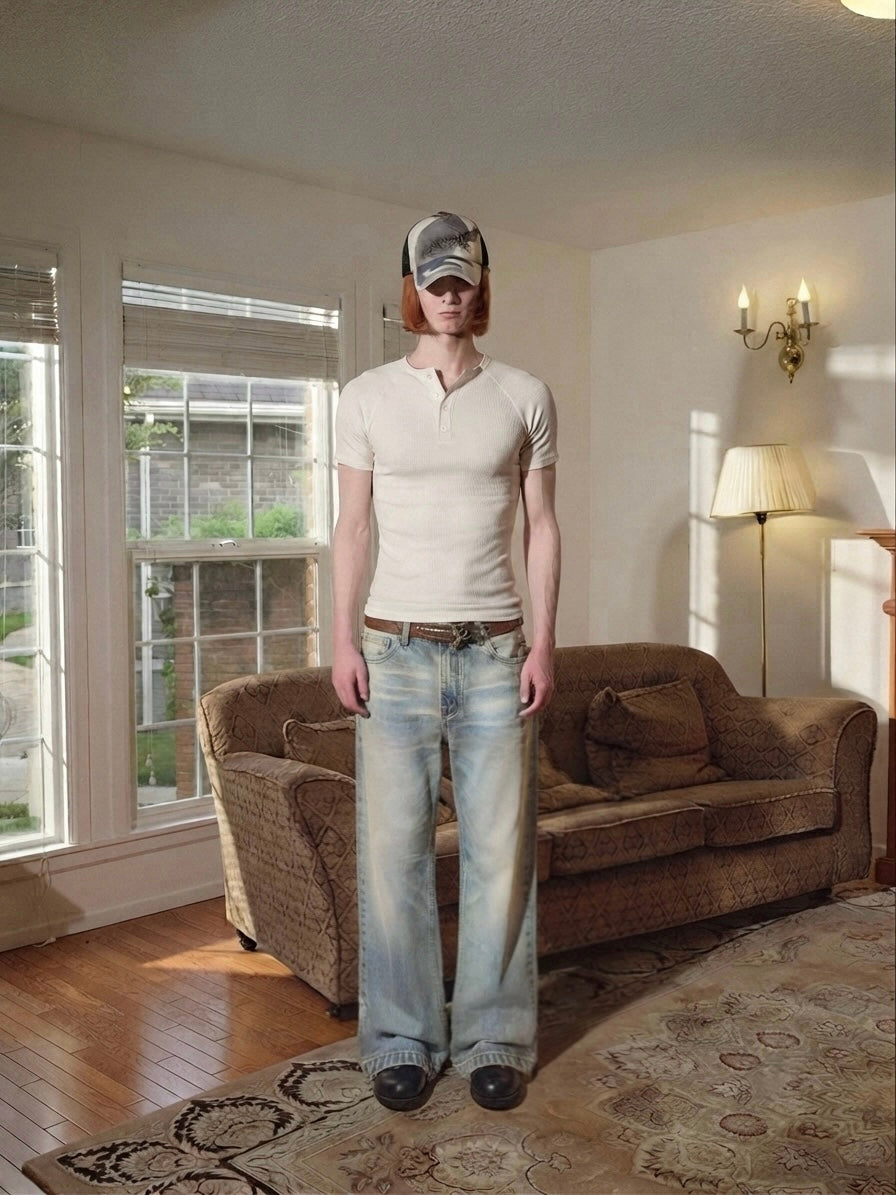 INTRUECHO Cream Blue Washed Straight Denim