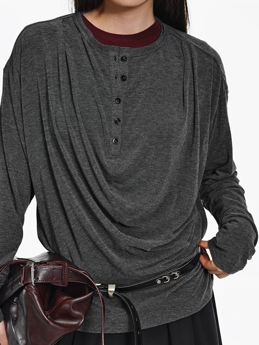 Slub Textured Draped Henley Tee