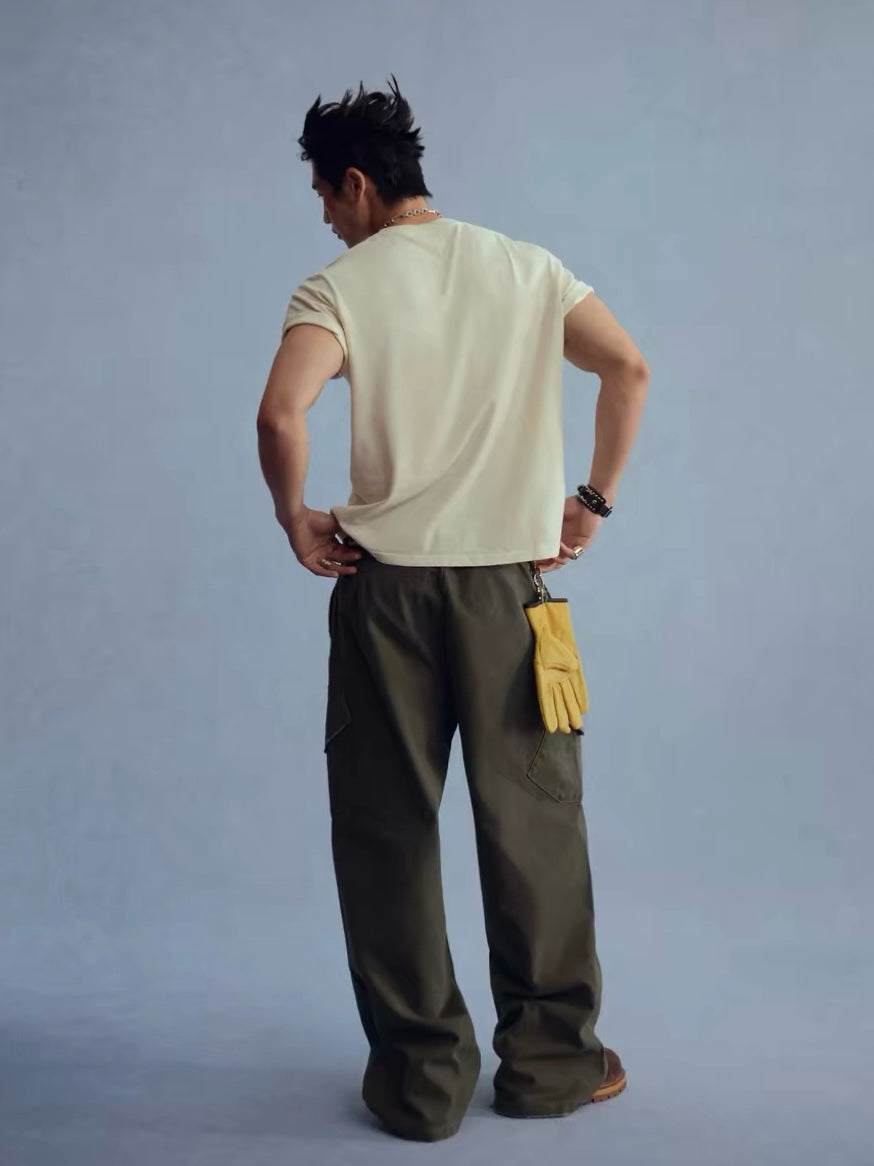 Vintage Washed Distressed Canvas Straight-Leg Cargo Pants